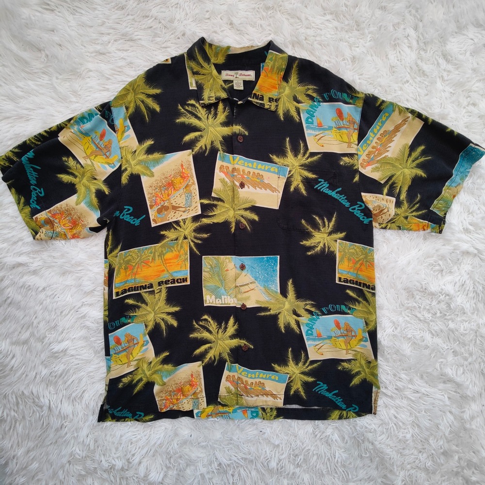 Tommy Bahama Silk‎ Hawaiian Postcard Print Camp Shirt Black Resort Cabana L